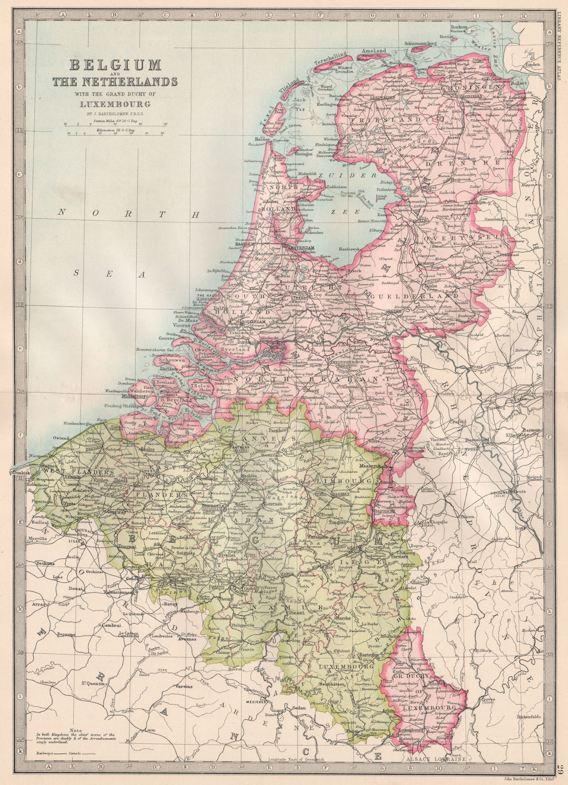 BENELUX.Belgium & The Netherlands with Duchy of Luxembourg.BARTHOLOMEW 1890 map